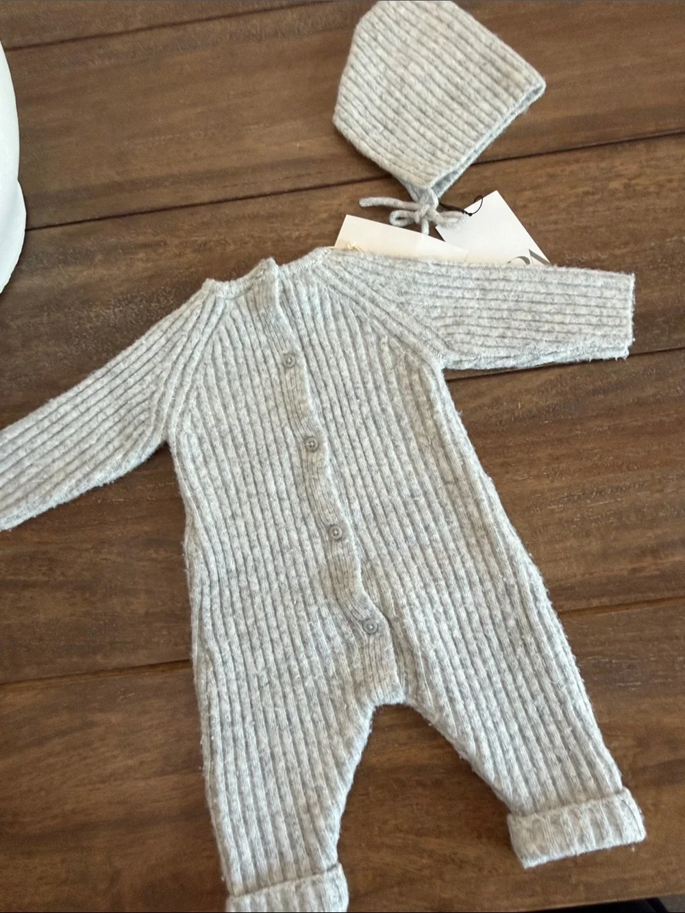 Zara Gray Ribbed Knit Baby One-Piece with Bonnet